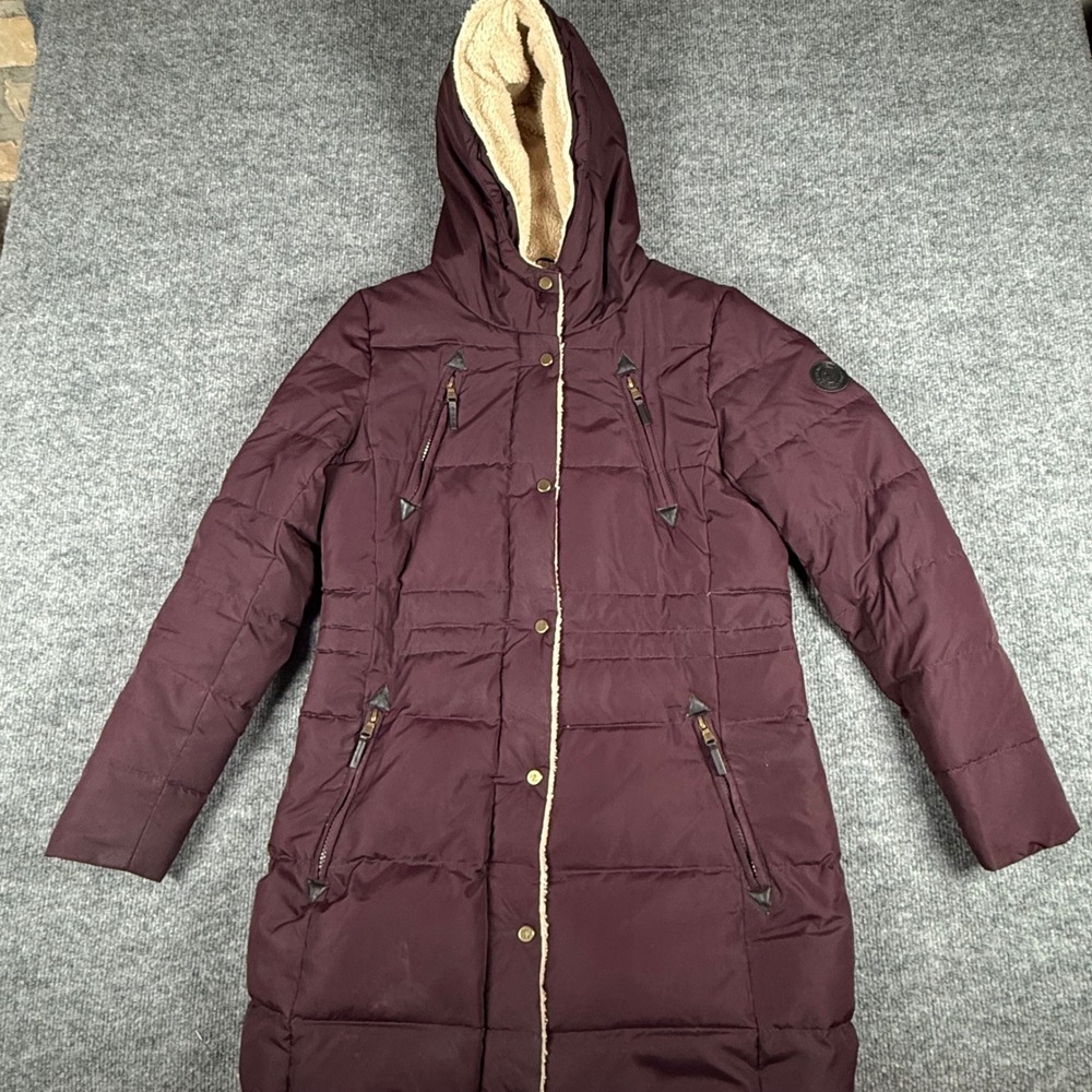 Lauren Ralph Lauren Womens XS Puffer Coat Burgundy Full Zip Hooded Sherpa Lined